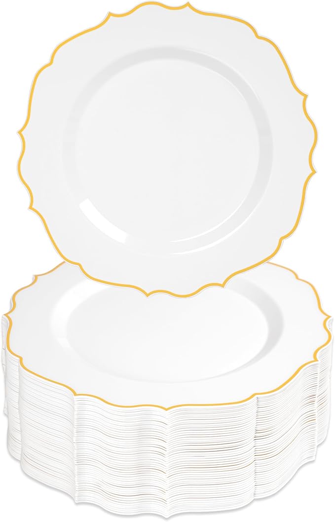 100 Pcs White & Gold Dessert Plastic Plates 7.5" Cake Disposable Plates | White by Conflech
