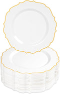 100 Pcs White & Gold Dessert Plastic Plates 7.5" Cake Disposable Plates | White by Conflech
