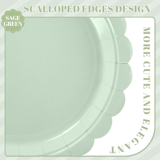 NatNarr 30 Pk Sage Green Paper Plates 9" Scalloped Sage Baby Shower Plates | - Image 3