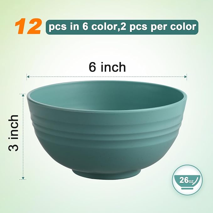 HEYCOME 12 Pcs Unbreakable Cereal Bowls Set, 26 Oz Wheat Straw Bowls Set - Image 2