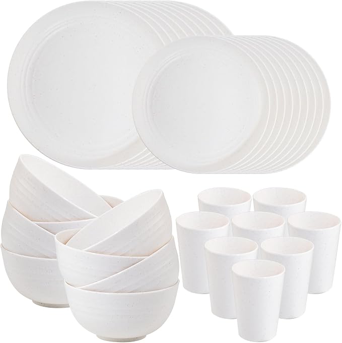 32pcs White Wheat Straw Dinnerware Set, Plates and Bowls Sets by supernal
