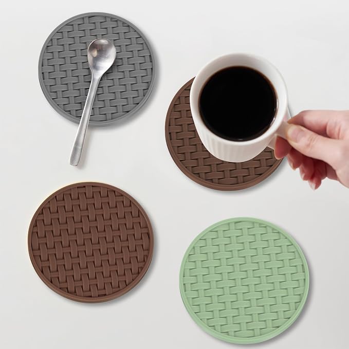 Brown Silicone Coaster with Holder Set of 6, 4 Inch Non-Slip Cup Mats | Round - Image 5