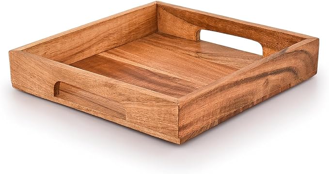 Acacia Wood Serving Tray with Handles, Wooden Serving Tray, Snack Tray by Samhita