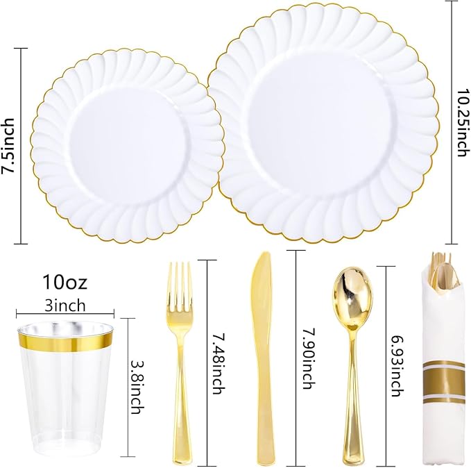 YOUBET 350PCS White and Gold Scalloped Plastic Plates - Image 2