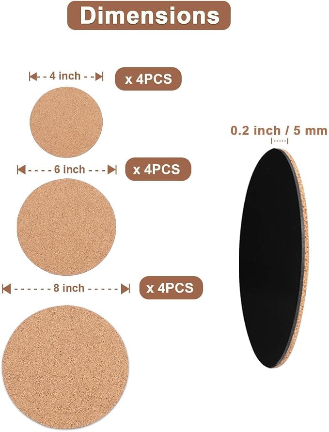 Cork Plant Coasters, 12 Pack Plant Mats in 4/6/8 Inch - Image 2