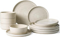 Stoneware Dinnerware Sets for 4, Reactive Glaze Plates & Bowls, Shell Beige | by FamiwarePremium
