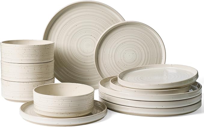 Stoneware Dinnerware Sets for 4, Reactive Glaze Plates & Bowls, Shell Beige | by FamiwarePremium