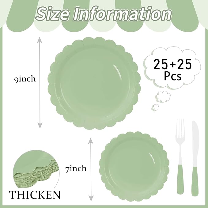 50 Pcs Sage Green Scalloped Paper Plates 25 × 7'' and 25 × 9'' Disposable Sage - Image 3