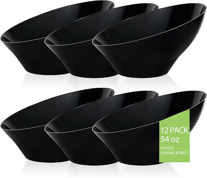 BESTVIP 54 Oz Black Plastic Angled Serving Bowls, 12 Pack | Disposable Bowls by Bestvip