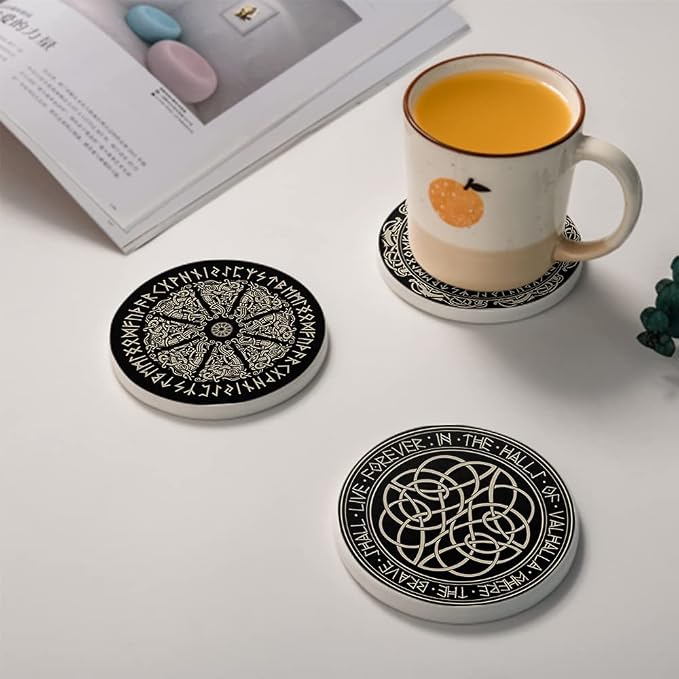 HUXJOKO Coasters for Drinks Set of 6, Round Stone Mat, - Image 4