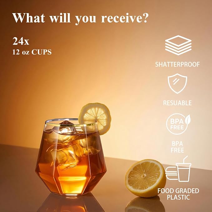 BESTSTAR 48 Pack Gold Rim Plastic Wine Glasses Set, BPA-Free Shatterproof | 24 - Image 4