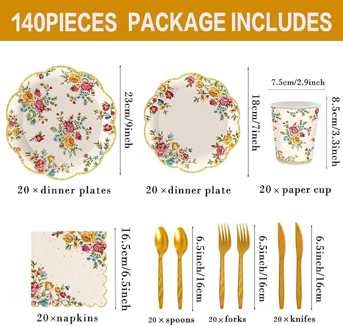 140Pcs Vintage Floral Party Supplies Tableware Set Tea Party Decorations Flower - Image 2