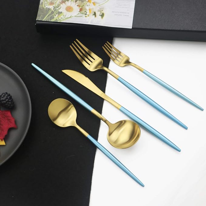 JASHII Luxury 18/10 Blue Handle Flatware Gold Silverware Set 304 Stainless - Image 4