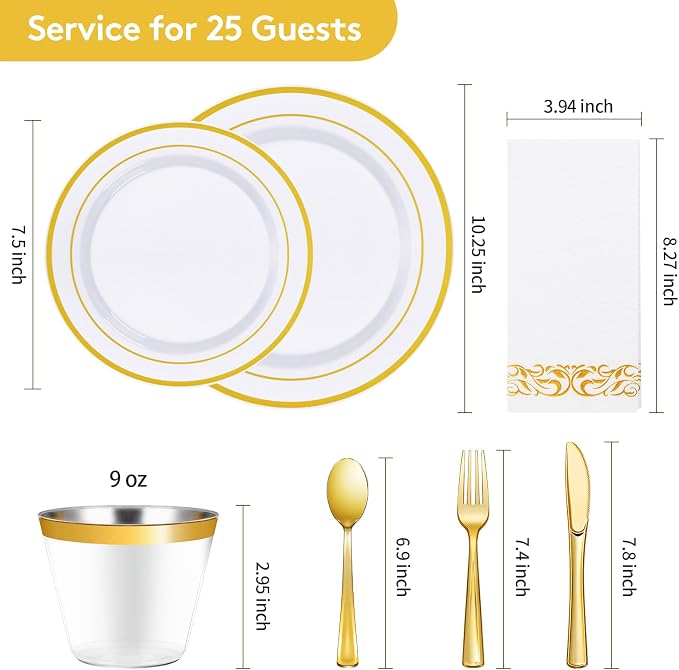 175 Pcs Gold Dinnerware Sets for 25 Guests, Disposable Plate Sets | Plastic - Image 4