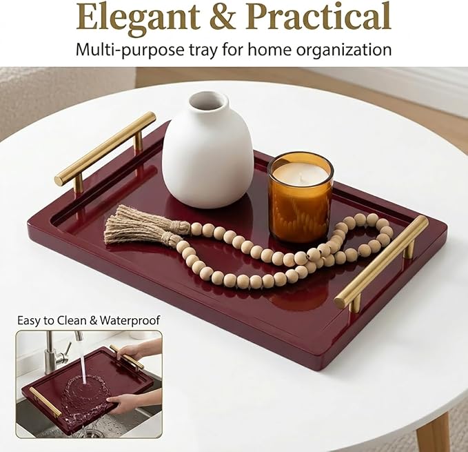 PEKER Wooden Serving Tray with Metal Handles, Ottoman & Home Décor, Wooden Food - Image 6