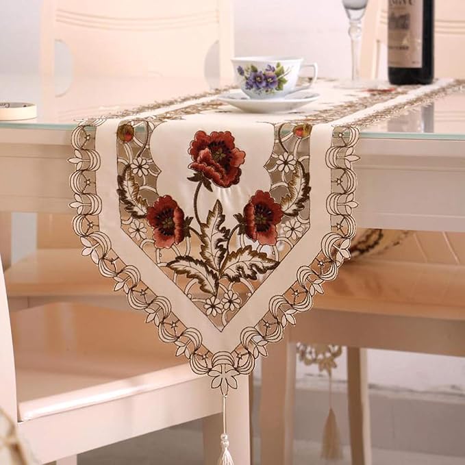 LeLehome 15 Inch X 58 Inch Classic Table Runner, Rose Flowers Embroidered Lace - Image 5