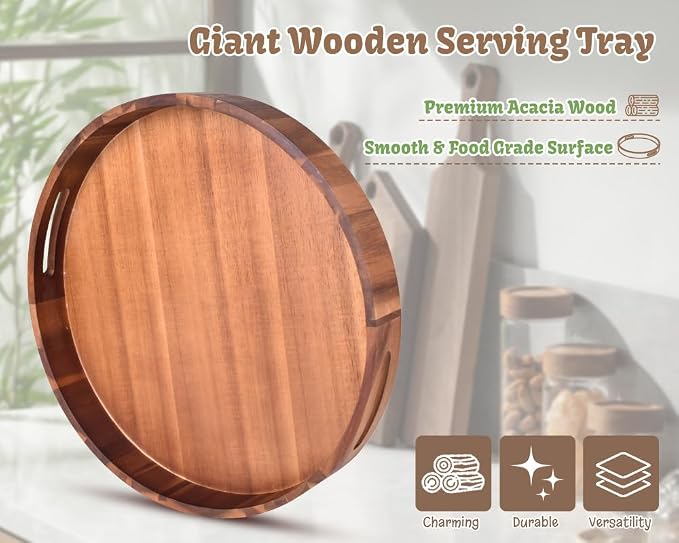 Large Round Wood Serving Tray, Wooden Trays - Image 2