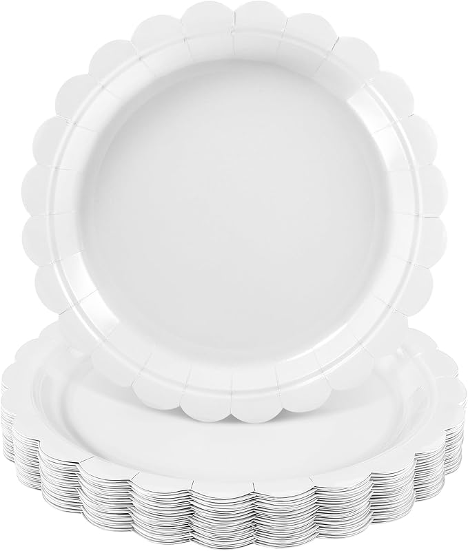 NatNarr 30 Pcs White Scalloped Plates, Engagement Oil- and Water-Resistant by NatNarr