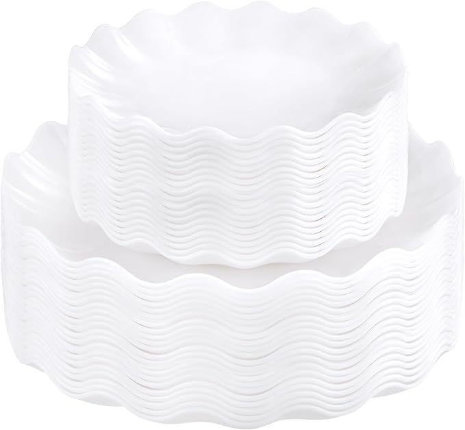 LIYH 50 Pcs White Scalloped Plastic Plates Reusable by LIYHLoveinyourheart