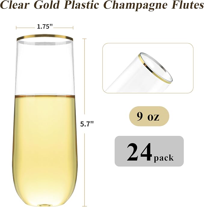 Bestluck 24 Pack 9 oz Stemless Plastic Champagne Flutes Gold Rim | Clear - Image 2