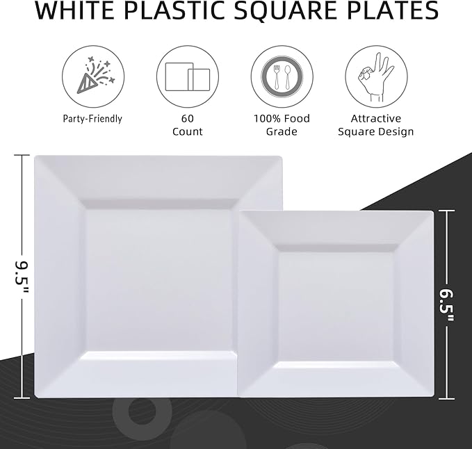 60PCS White Square Plastic Plates, Disposable Plates - Image 3