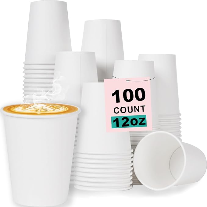 12 oz 100 Pack Disposable Coffee Cups, Bulk White Disposable Paper Cups by COOLCAP