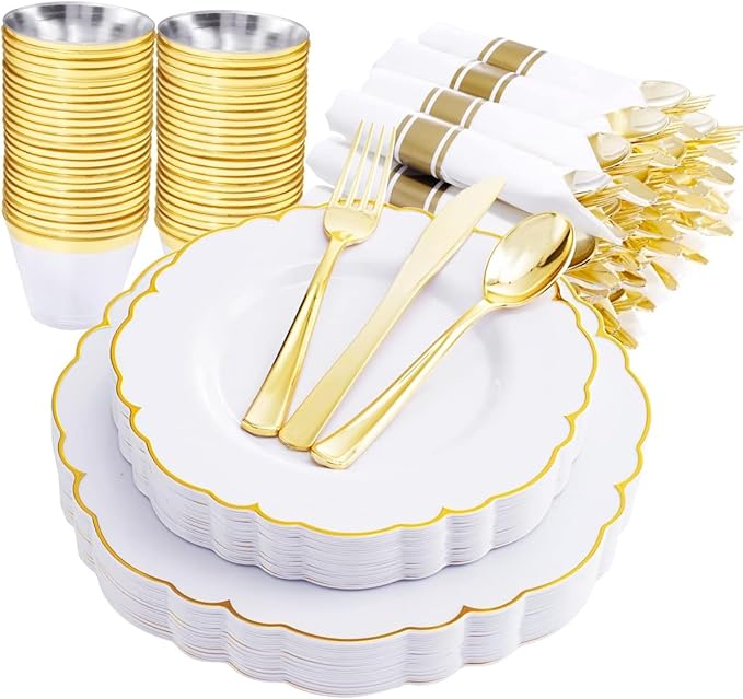 Morejoy 175PCS Gold Plastic Plates，White Gold Disposable Plates Sets | Include by Morejoy