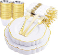 Morejoy 175PCS Gold Plastic Plates，White Gold Disposable Plates Sets | Include by Morejoy