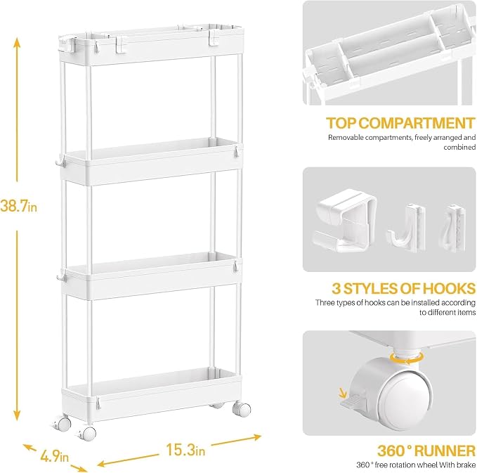 2-piece Set Slim Storage Cart 3 Tier, Bathroom Organizer Rolling Utility - Image 2