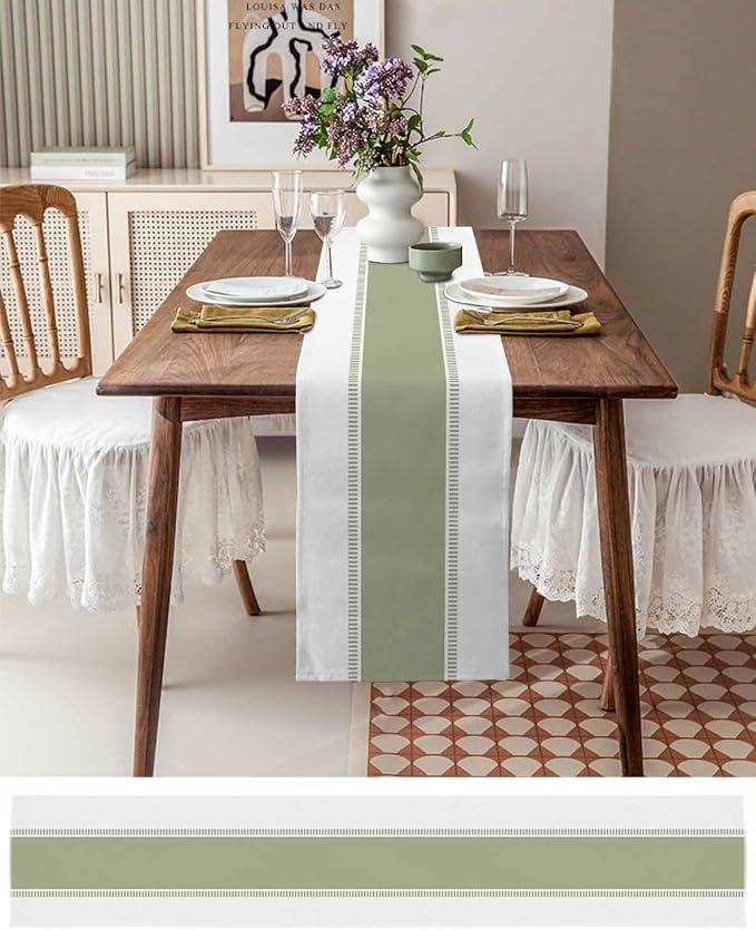 Sage Green Stripe Table Runners 90 inches Long, Linen Boho Table Runner - Image 3