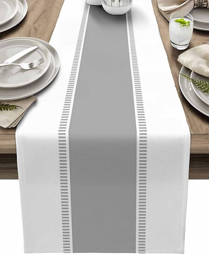 Grey and White Table Runners, Non Slip Farmhouse Table Runner Linen Dresser by Futuregrace
