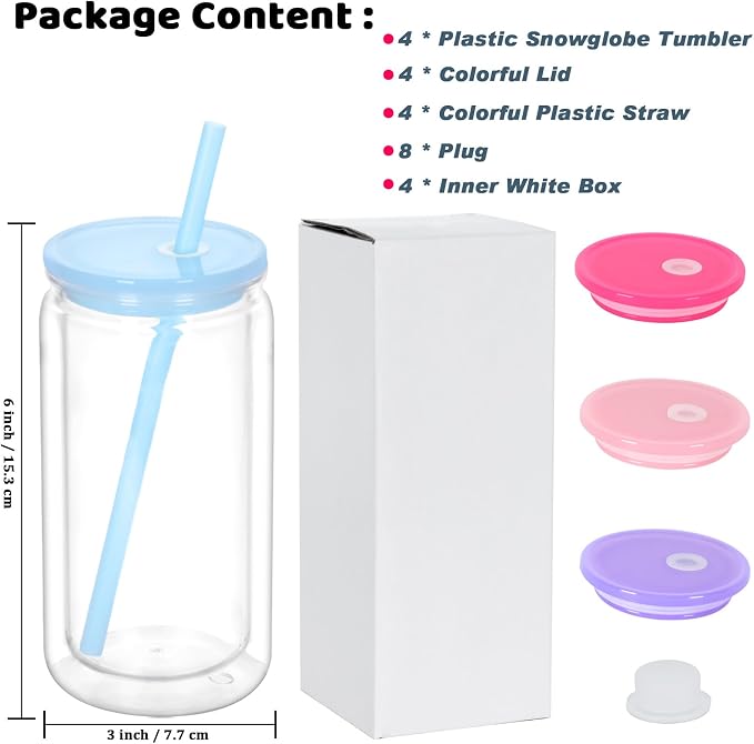 16 Oz Plastic Snowglobe Tumbler, 4 Pack Pre-Drilled Double Wall Plastic Clear - Image 6