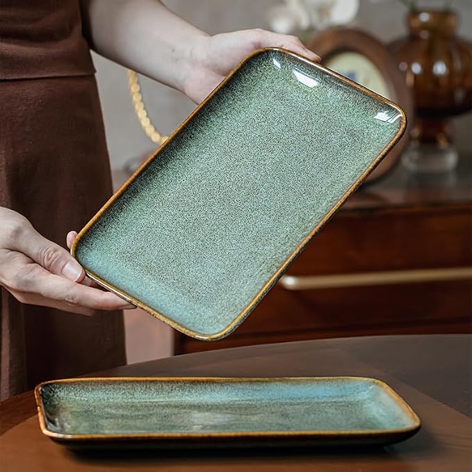 Unique Glazed Green Ceramic Tray, 10 Inch Rectangular Serving Platter | - Image 3