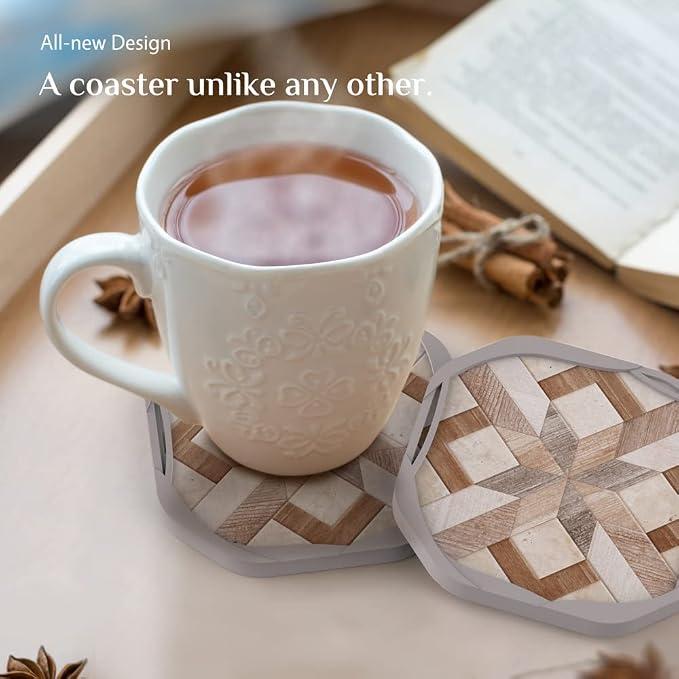 UMIRRO Absorbent Felt & Silicone Drink Coasters Set of 4, Wood-Look Mosaic | - Image 2