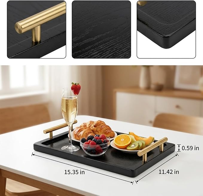 PEKER Wooden Serving Tray with Metal Handles, Ottoman & Home Décor, Wooden Food - Image 2