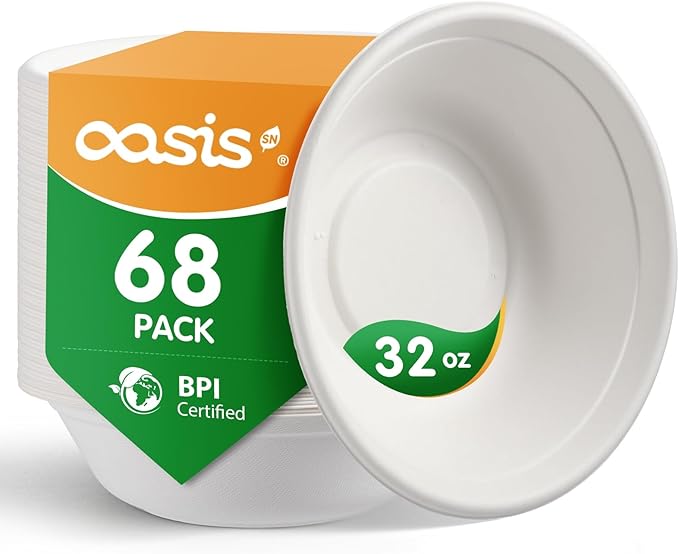 32 oz 68-Pack Large Compostable Paper Bowls, Disposable Meal Prep & Takeout by SustainableSolutions