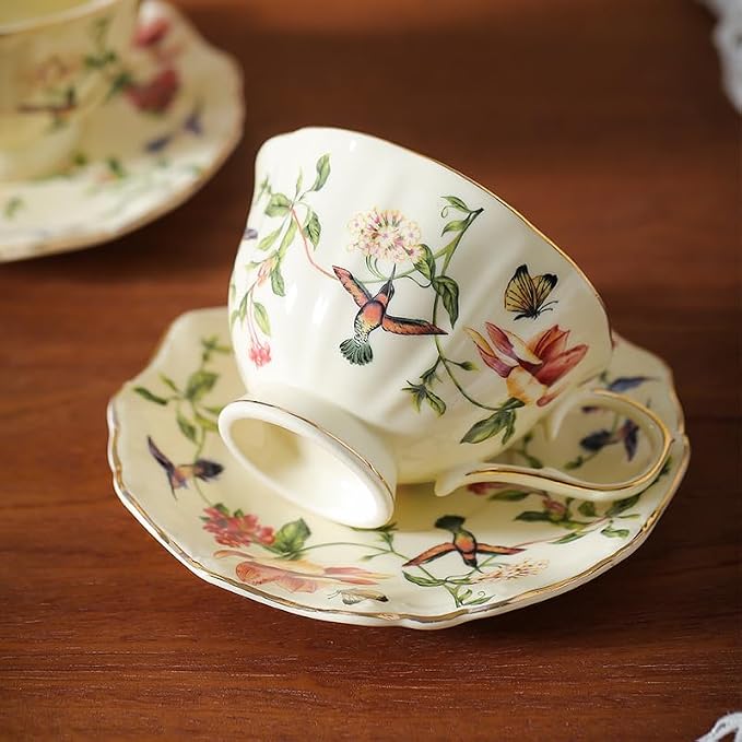 fanquare Vintage Spring Style Tea Cup and Saucer Set, 8 oz Porcelain Coffee Cup - Image 2
