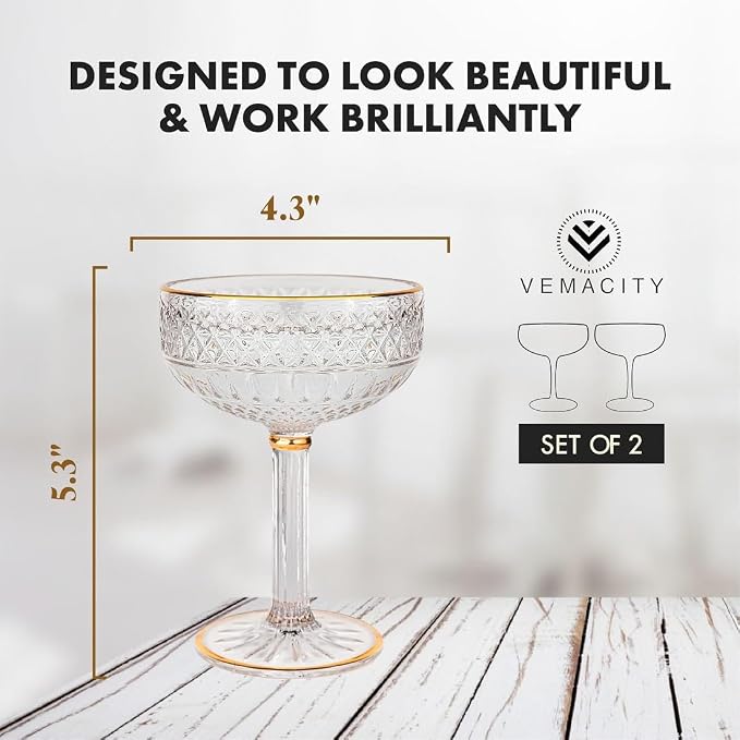 VEMACITY - Embossed Espresso Martini Glasses Set of 2 - Gold Rim Coupe Glasses - Image 8