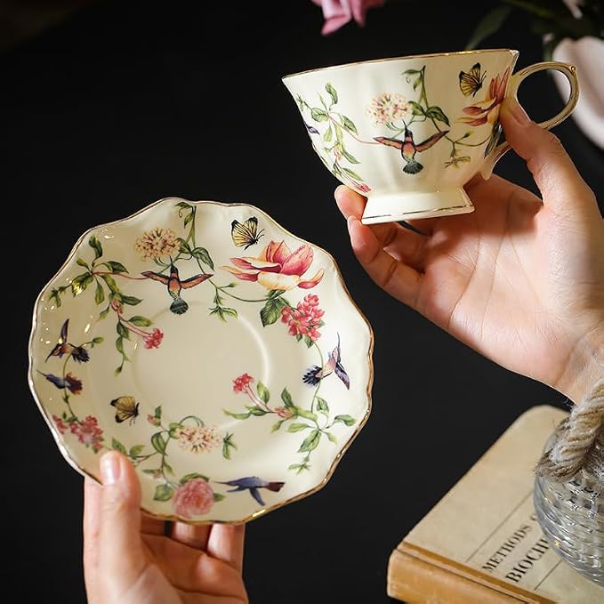 fanquare Vintage Spring Style Tea Cup and Saucer Set, 8 oz Porcelain Coffee Cup - Image 5