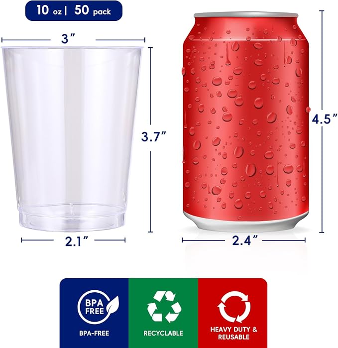 JOLLY CHEF 10 oz Clear Disposable Plastic Cups 50 Pack, Heavy duty Party Glasses - Image 3