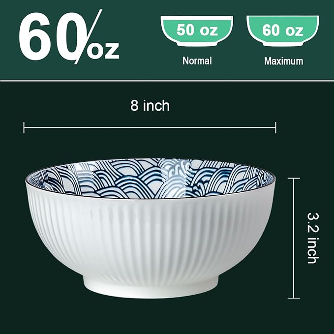 QINLANG Large Soup Bowls, Pho & Ramen Set of 3, 60 oz Blue & White Porcelain - Image 2