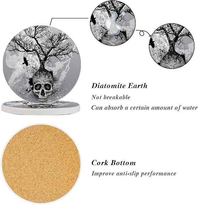 oFloral Skull Coasters for Drinks Bird Bleak Tree Creative Art Cups Place Mats - Image 4