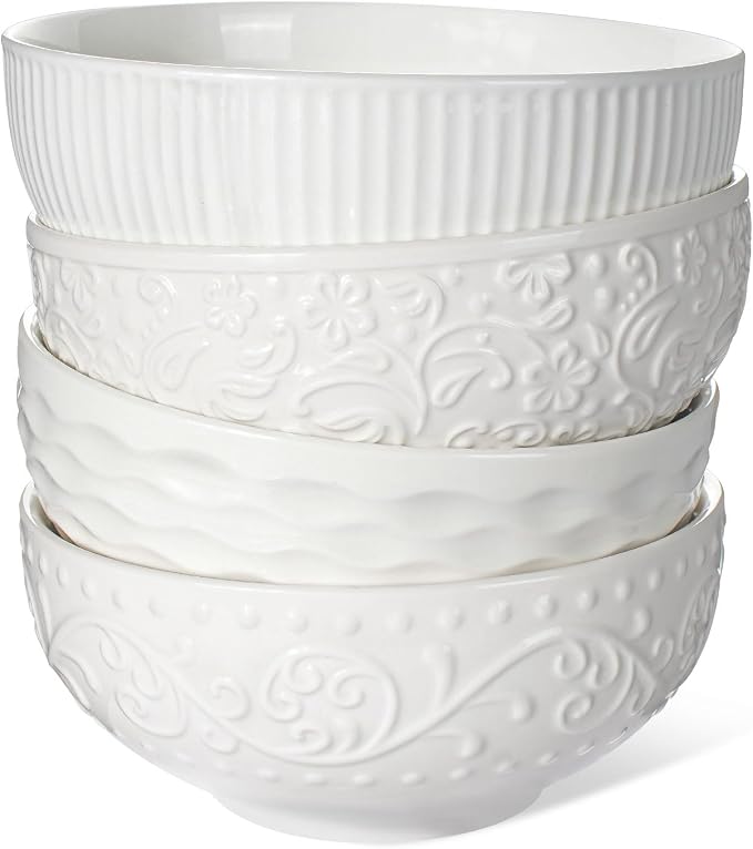 Ceramic Cereal Bowls 26 oz, Embossment Soup Bowls Set of 4, Dishwasher by Artena