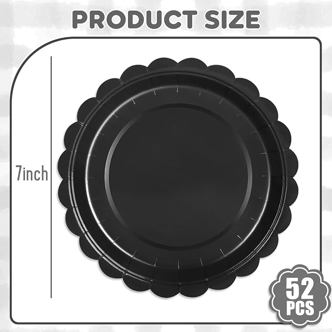 52 Pcs Black Paper Plates 7 Inch Scalloped Dessert Plates - Image 2