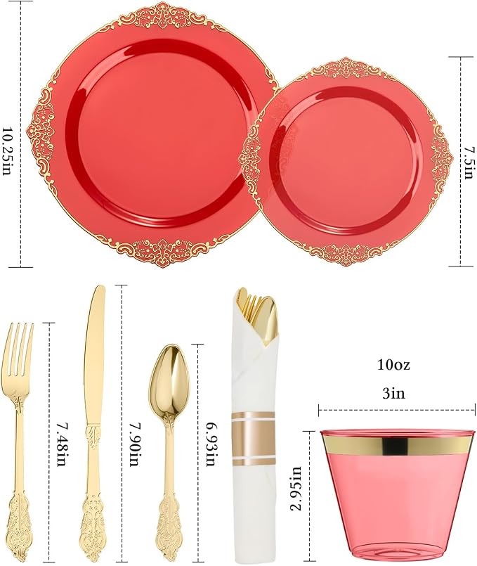 350 Piece Red Dinnerware Set for 50 Guests | Includes: 100 Gold Rim Plastic - Image 2