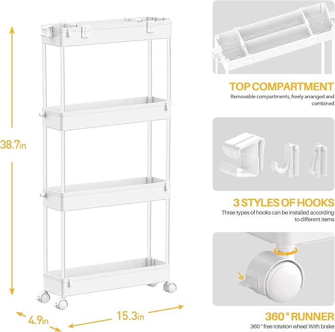 Slim Storage Cart 4 Tier, Bathroom Organizer Rolling Utility, Mobile Shelving - Image 3