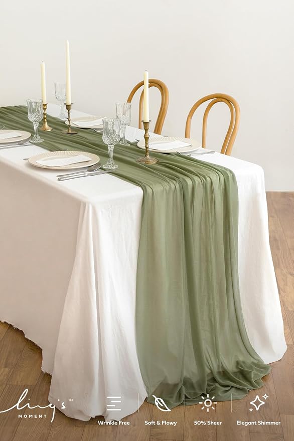 Ling's Moment 10Ft Chiffon Table Runner, Sage Green | Light Green Sheer - Image 2
