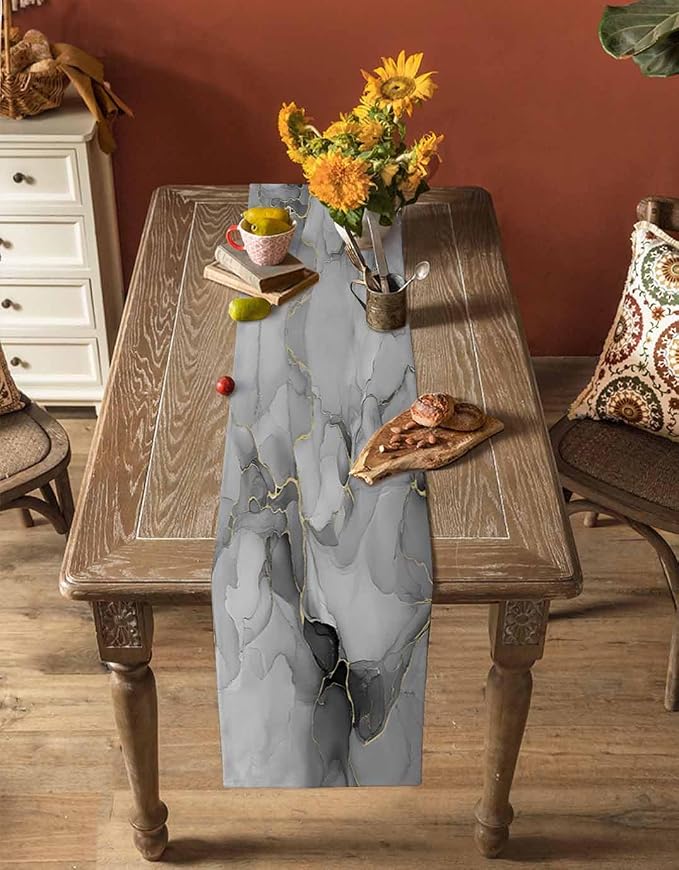 Grey Marble Short Table Runners 36 Inches, Cotton Linen Fabric Table Runner - Image 4