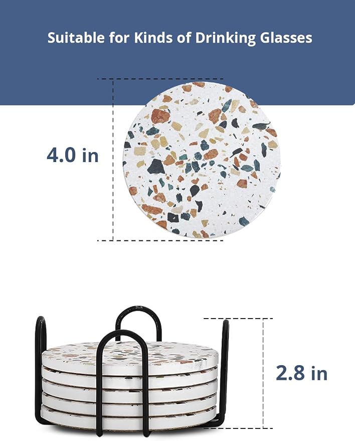 LIFVER Coasters Set of 6, Terrazzo Style Ceramic Drink Coasters - Image 6