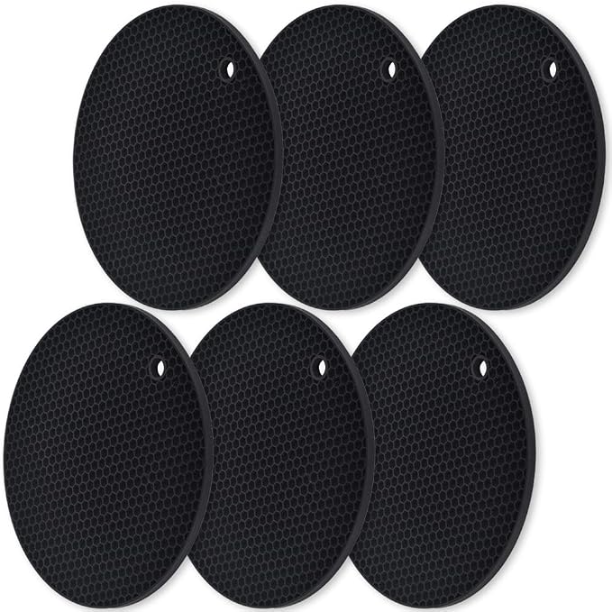 homEdge Silicone Round Trivets, 6 Pack Heat Resistant Non Slip Pot Holders-Black by homEdge